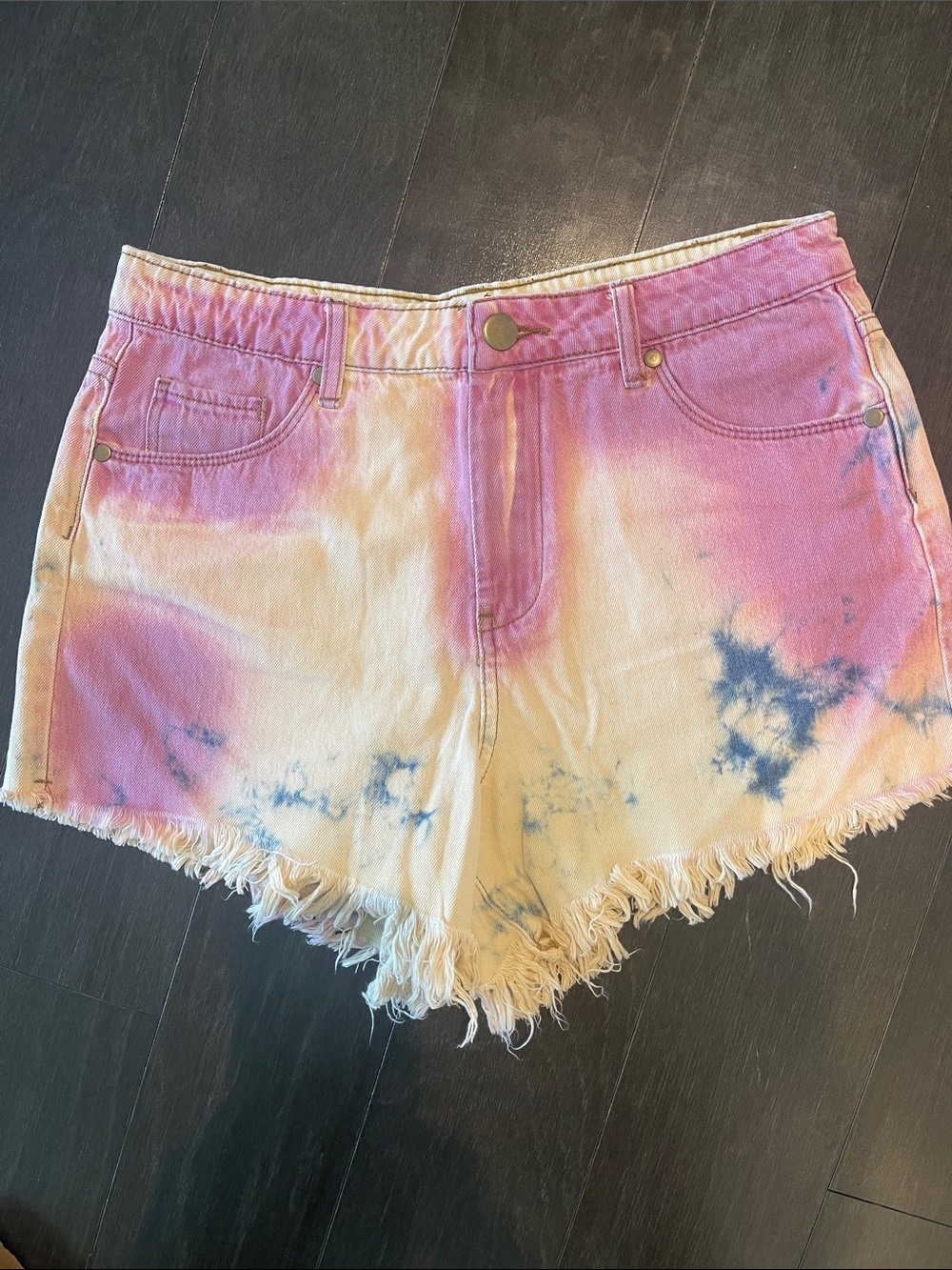 easel Tie-Dye High-Waist Frayed Denim Shorts in Pink, Cream & Blue
